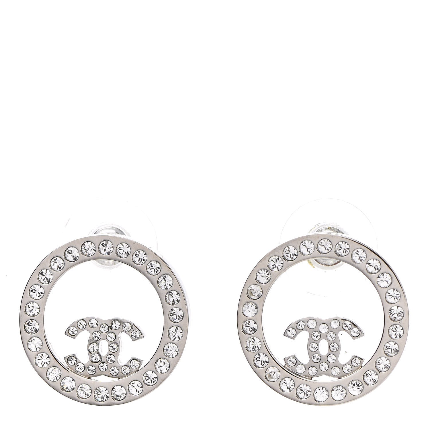 Chanel Crystal CC Round Earrings Silver 1 of 4