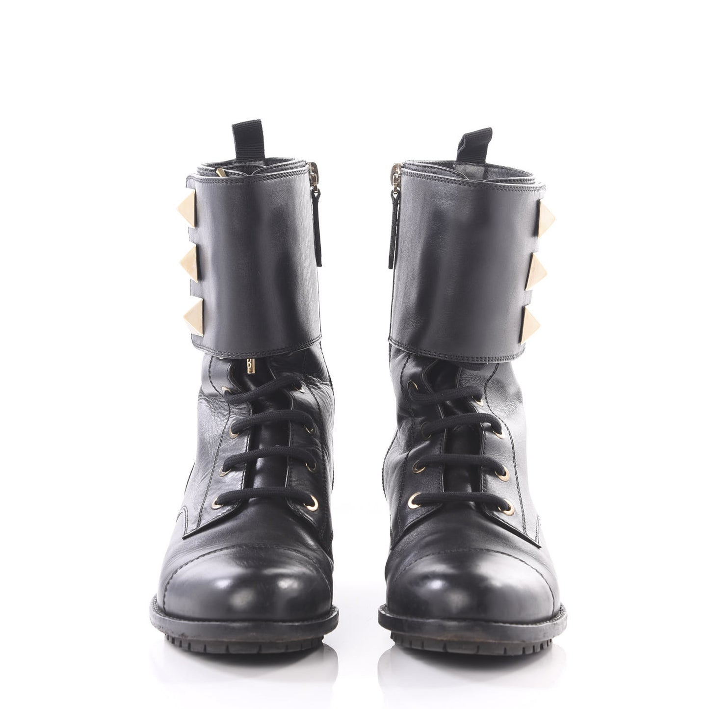 Calfskin Macro Rockstud Combat Boots 36.5 Black