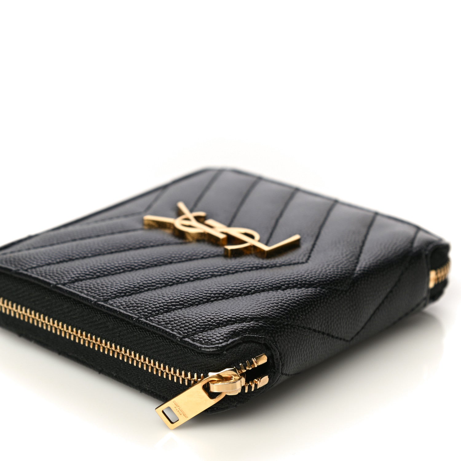 Saint Laurent Grain De Poudre Matelasse Chevron Monogram Compact Zip Around Wallet Black 8 of 21