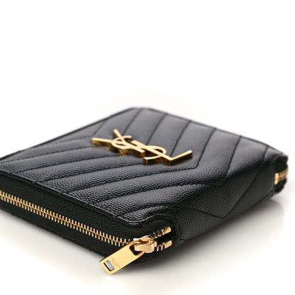 Saint Laurent Grain De Poudre Matelasse Chevron Monogram Compact Zip Around Wallet Black 8 of 21