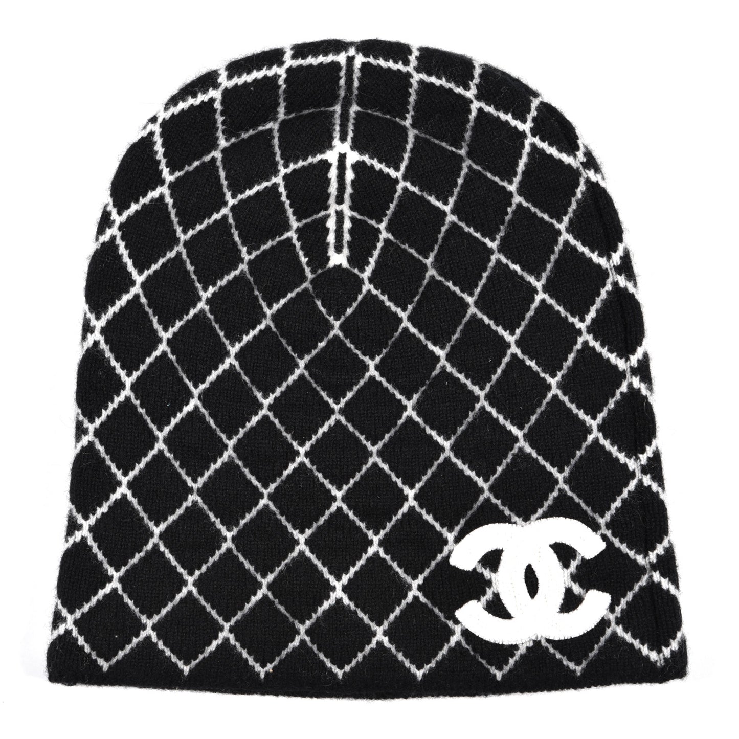 Cashmere Quilted Logo Beanie Hat Black White
