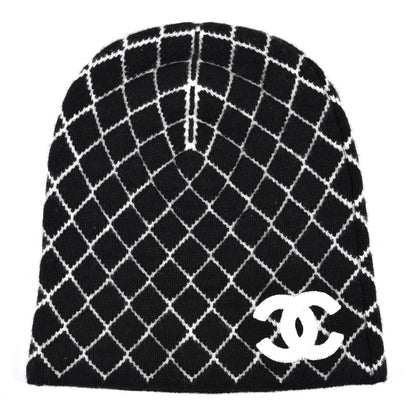 Chanel Cashmere Quilted Logo Beanie Hat Black White 1 of 5