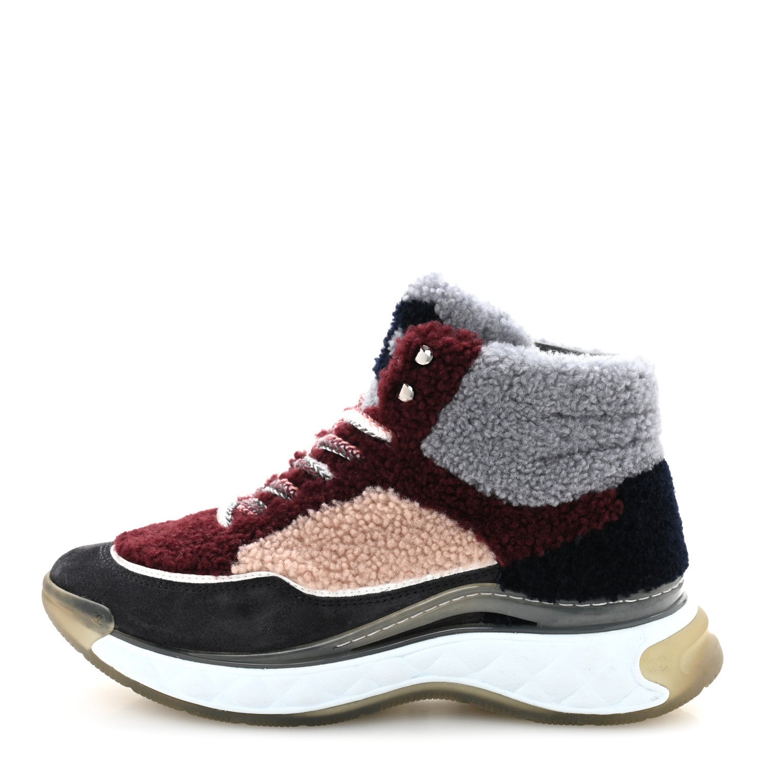 Chanel Shearling Lambskin Suede CC High Top Sneakers 36.5 Grey Pink Burgundy 1 of 8