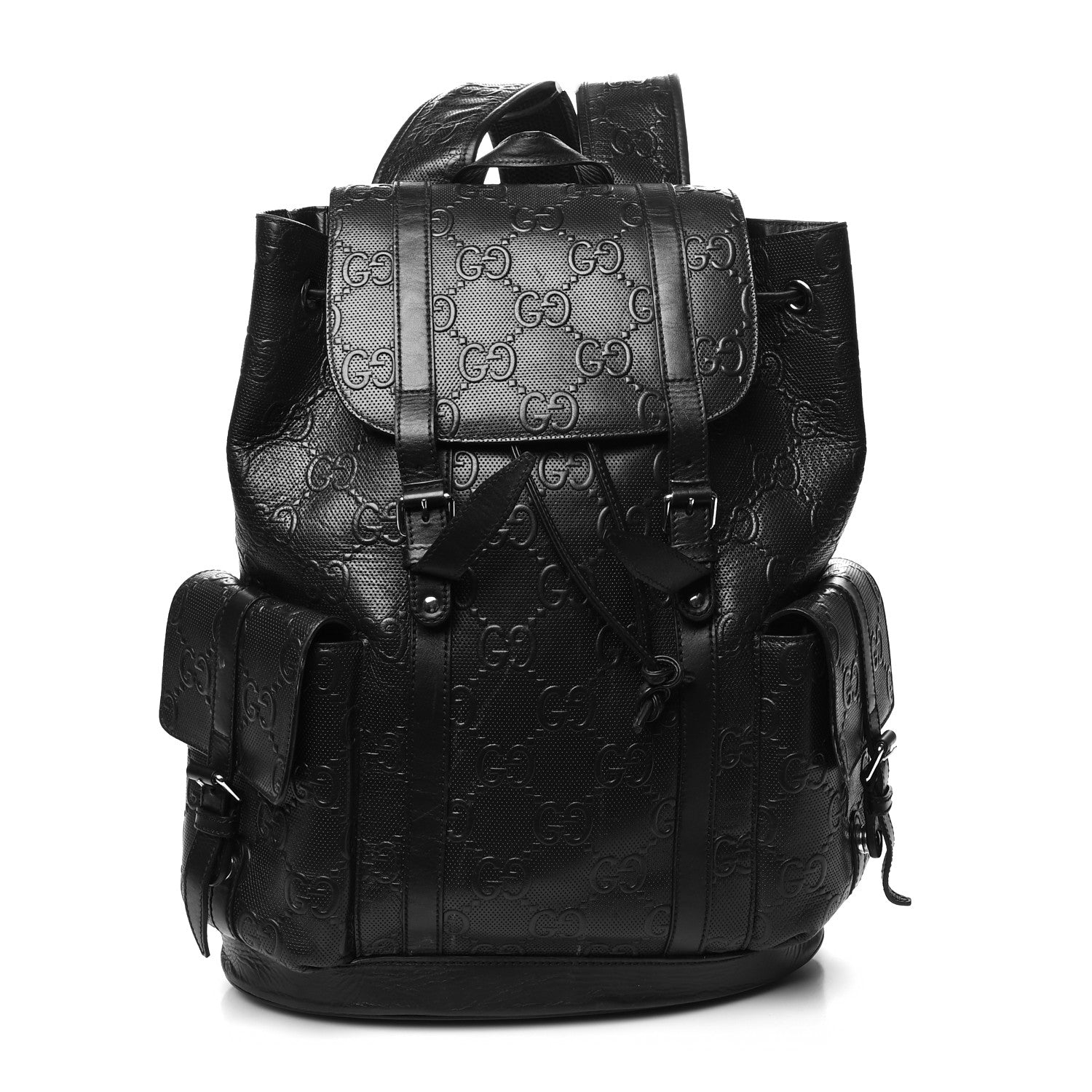 Gucci Calfskin GG Tennis Embossed Double Buckle Backpack Black 1 of 17