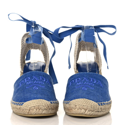 Prada Linen Ankle Wrap Wedge Espadrilles 41 Light Blue 2 of 10