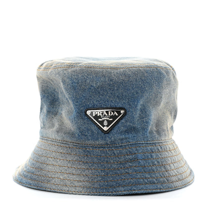 Prada Used Denim Metal Triangle Logo Womens Bucket Hat M Light Blue 3 of 8
