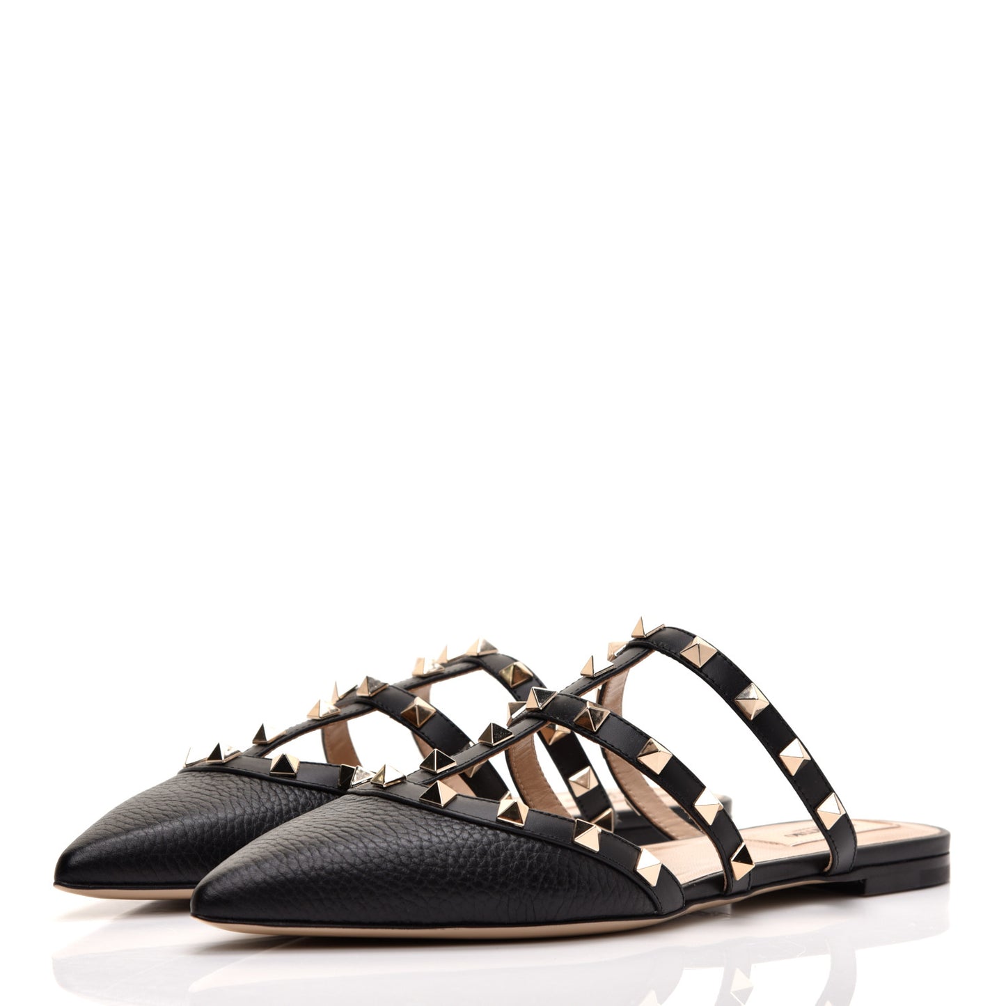 Pebbled Calfskin Rockstud Flat Cage Mules 37 Black