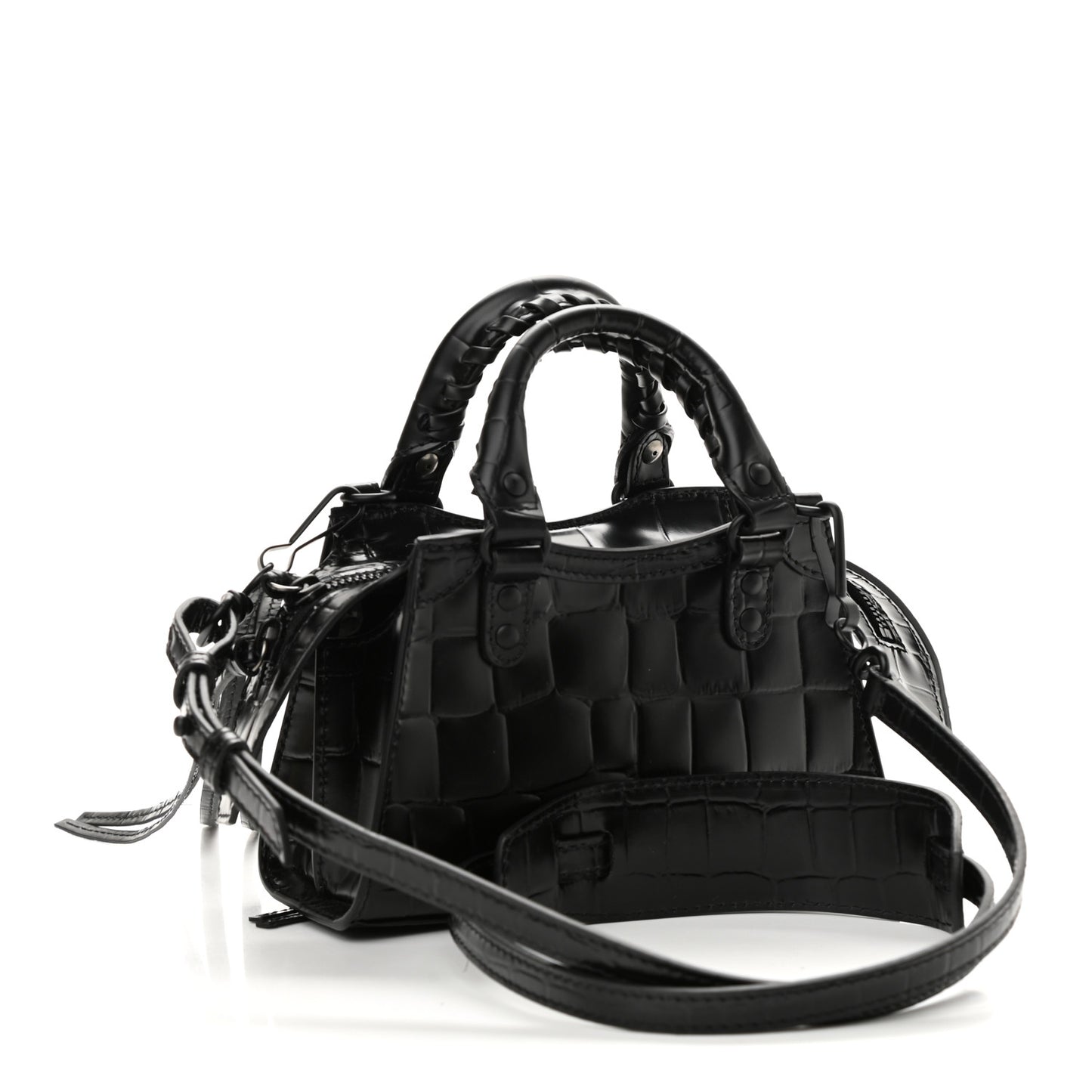 Semi Shiny Calfskin Crocodile Embossed Neo Classic Black Hardware Nano City Crossbody Black