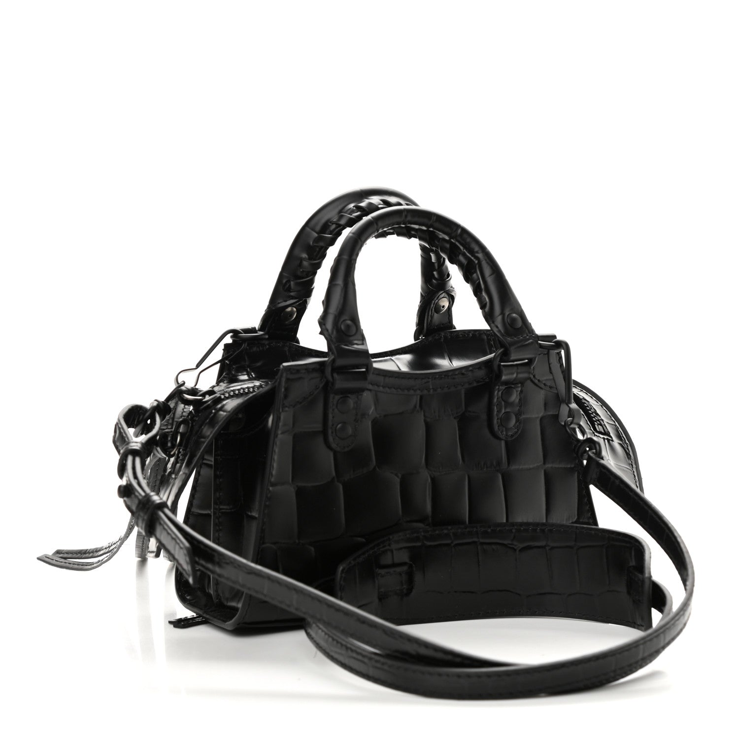Balenciaga Semi Shiny Calfskin Crocodile Embossed Neo Classic Black Hardware Nano City Crossbody Black 3 of 9