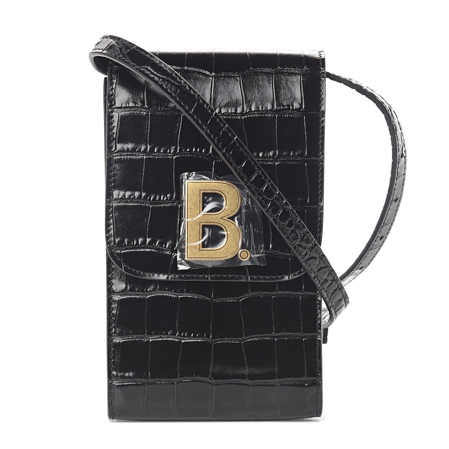 Shiny Calfskin Crocodile Embossed B Phone Holder Black