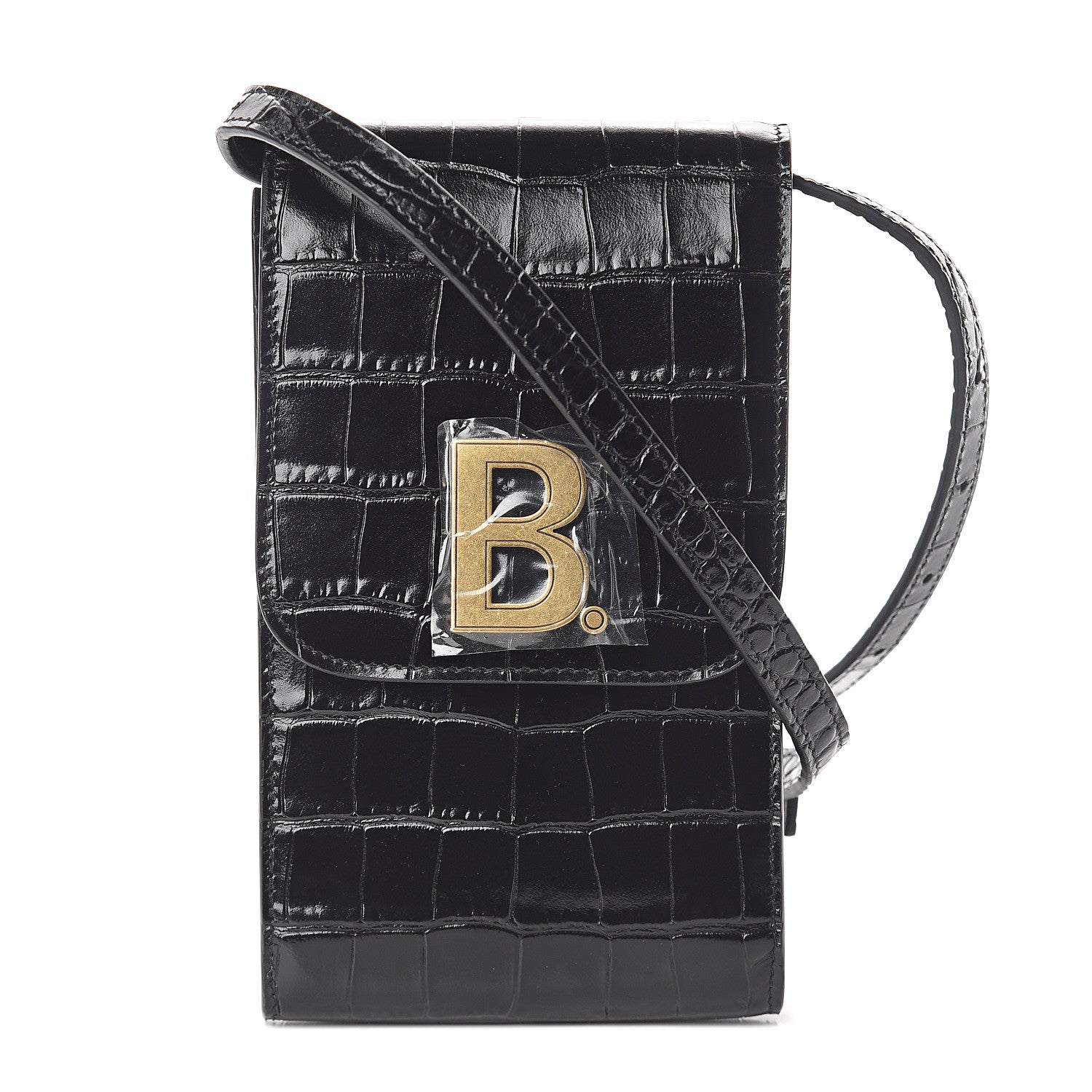 Balenciaga Shiny Calfskin Crocodile Embossed B Phone Holder Black 1 of 7