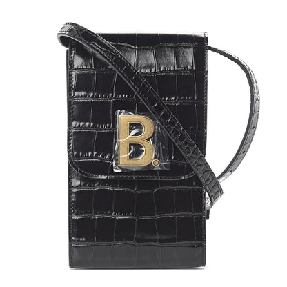 Balenciaga Shiny Calfskin Crocodile Embossed B Phone Holder Black 1 of 7
