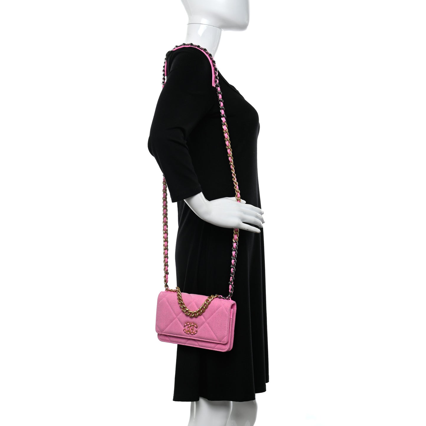 Denim Quilted Chanel 19 Wallet On Chain WOC Neon Pink