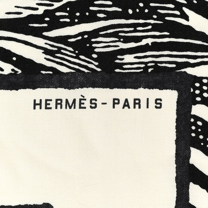 Hermes Cashmere Silk Cavaliere En Formes Shawl 140 White Black Kaki 2 of 5