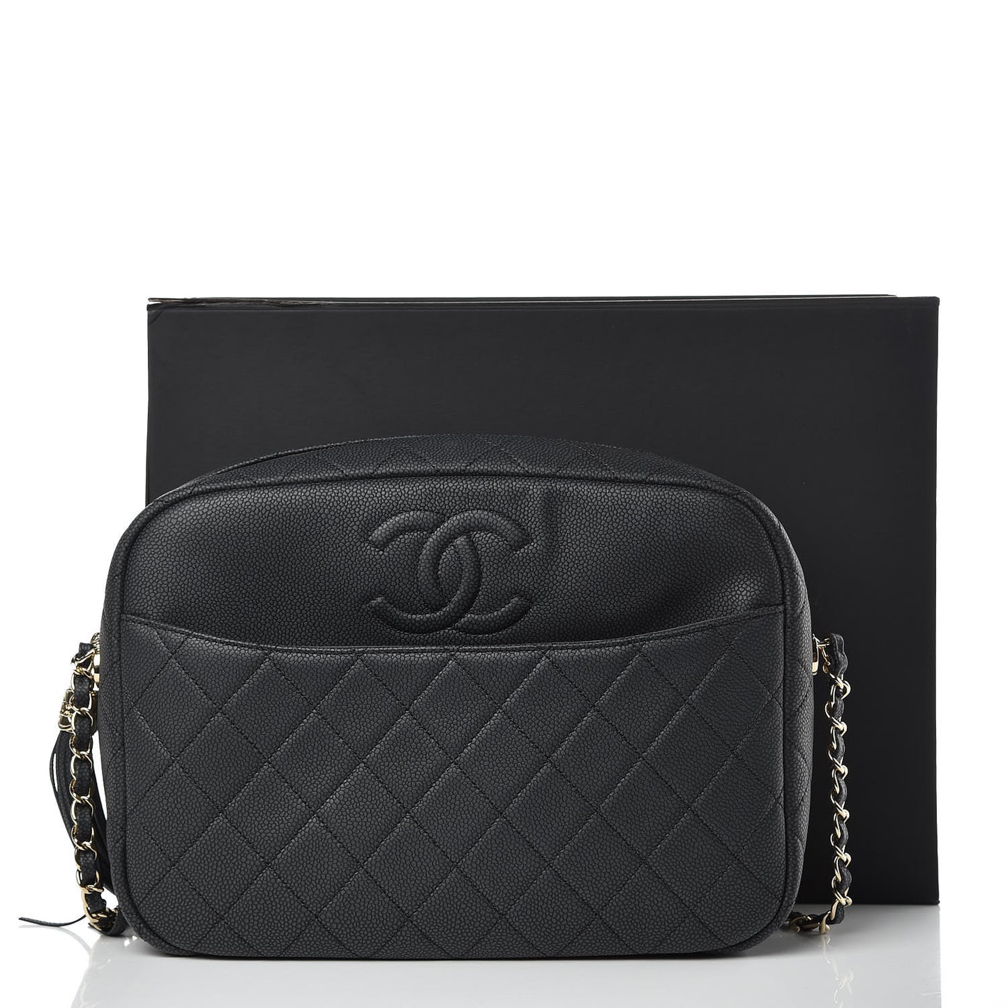 Caviar Quilted Large Coco Tassel Camera Case Black