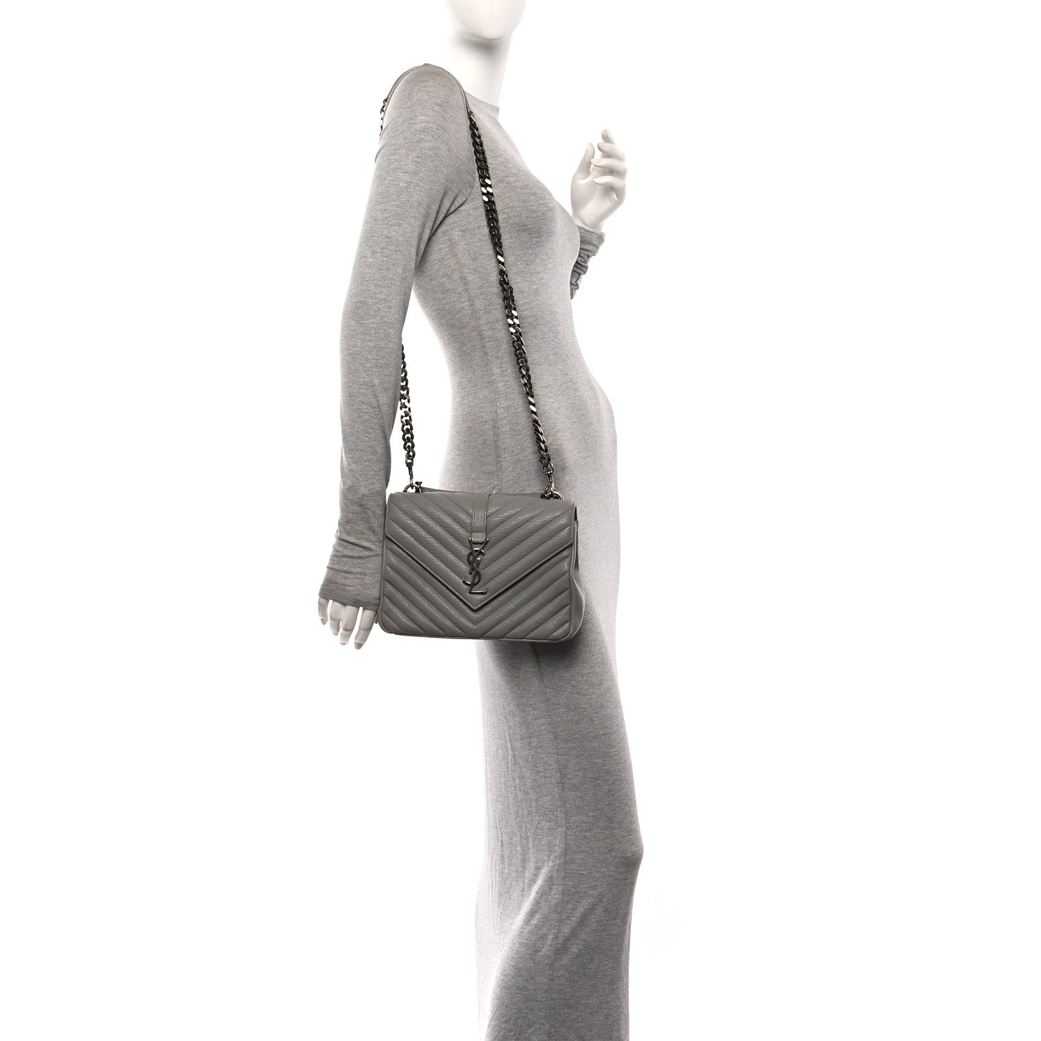 Saint Laurent Sheepskin Matelasse Chevron Monogram Medium College Bag New Stone Grey 2 of 11