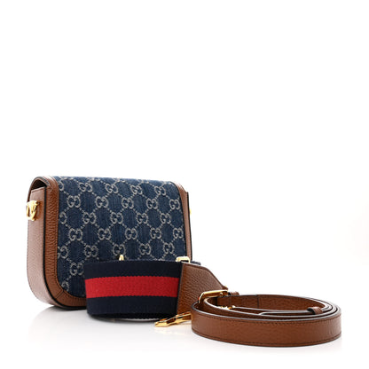Gucci New Denim GG Monogram Dollar Calfskin Web Mini Horsebit 1955 Shoulder Bag Blue Tea Cuir Epilog 3 of 10