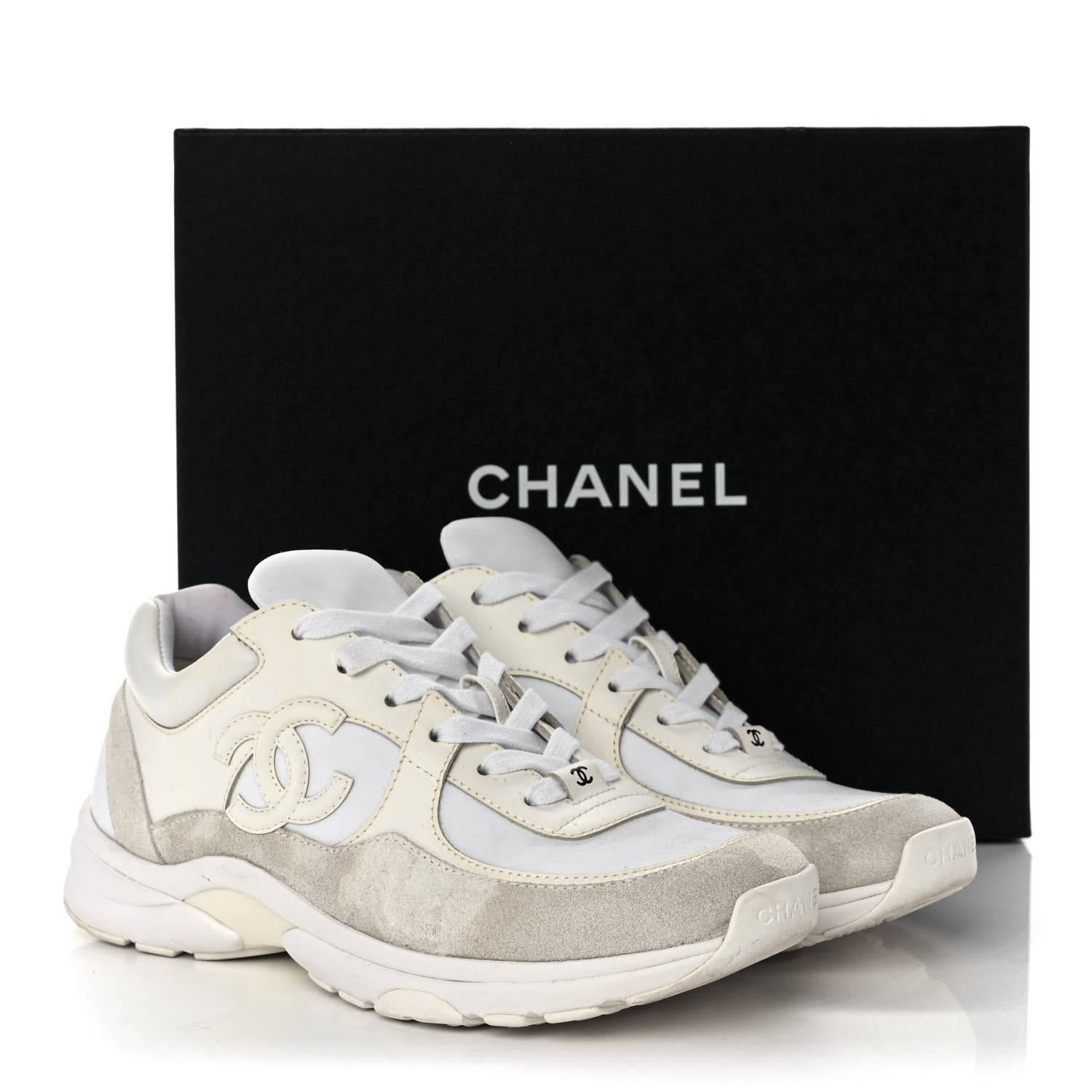 Chanel Suede Calfskin Fabric CC Sneakers 38.5 White 11 of 11