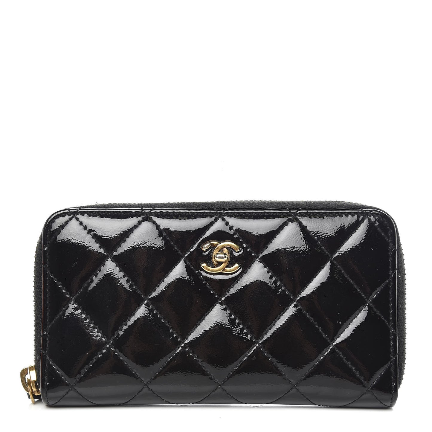 Patent Quilted Small Zip Around Wallet Black