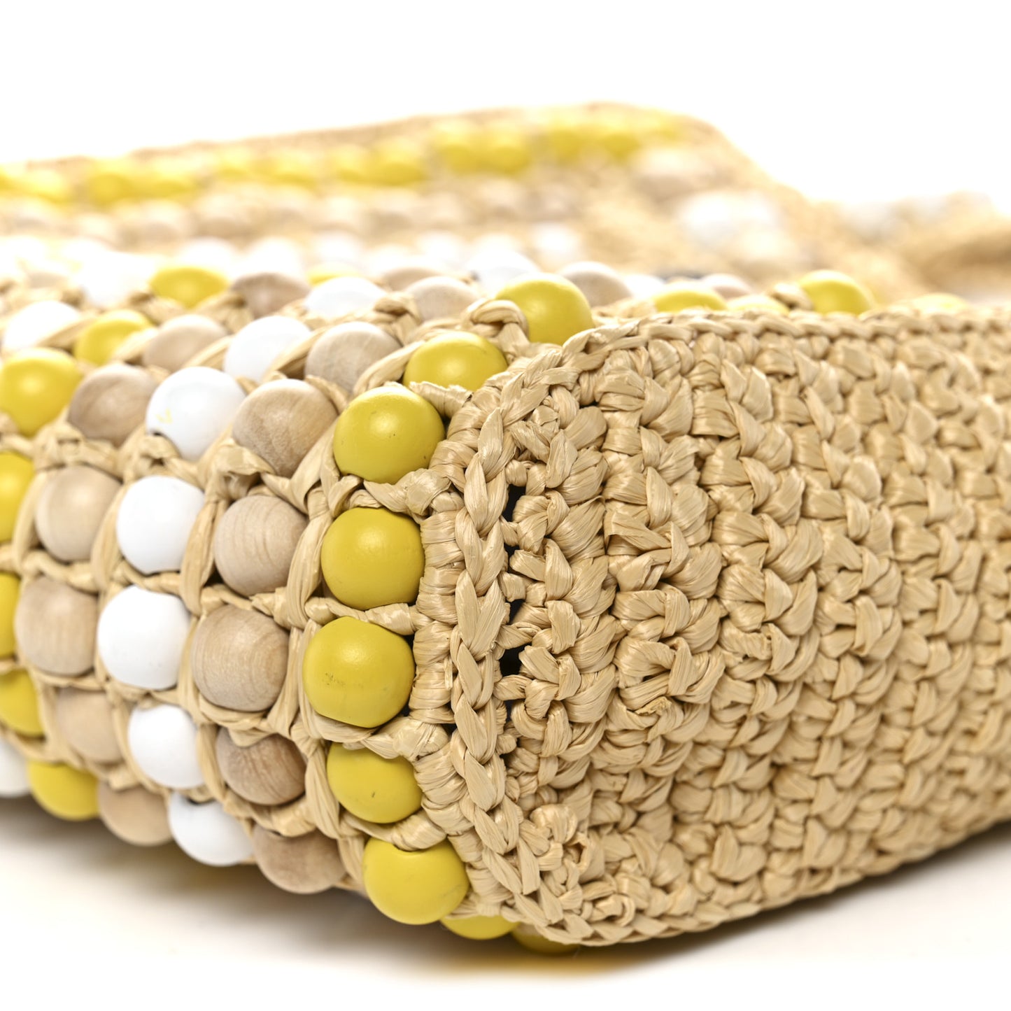 Raffia Wood Bead Embroidered Logo Tote Bag Naturale