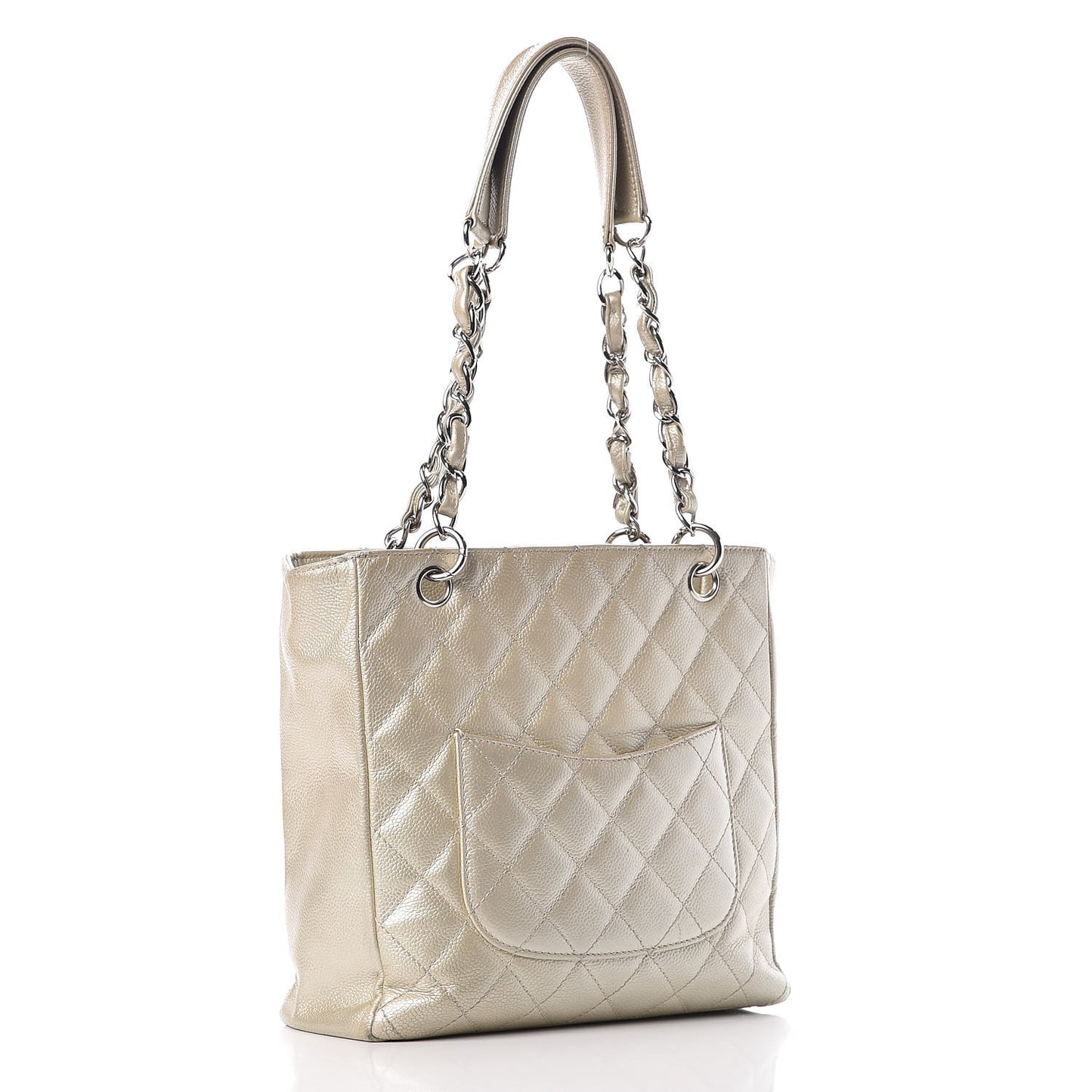 Metallic Caviar Quilted Petit Shopping Tote PST Pearl