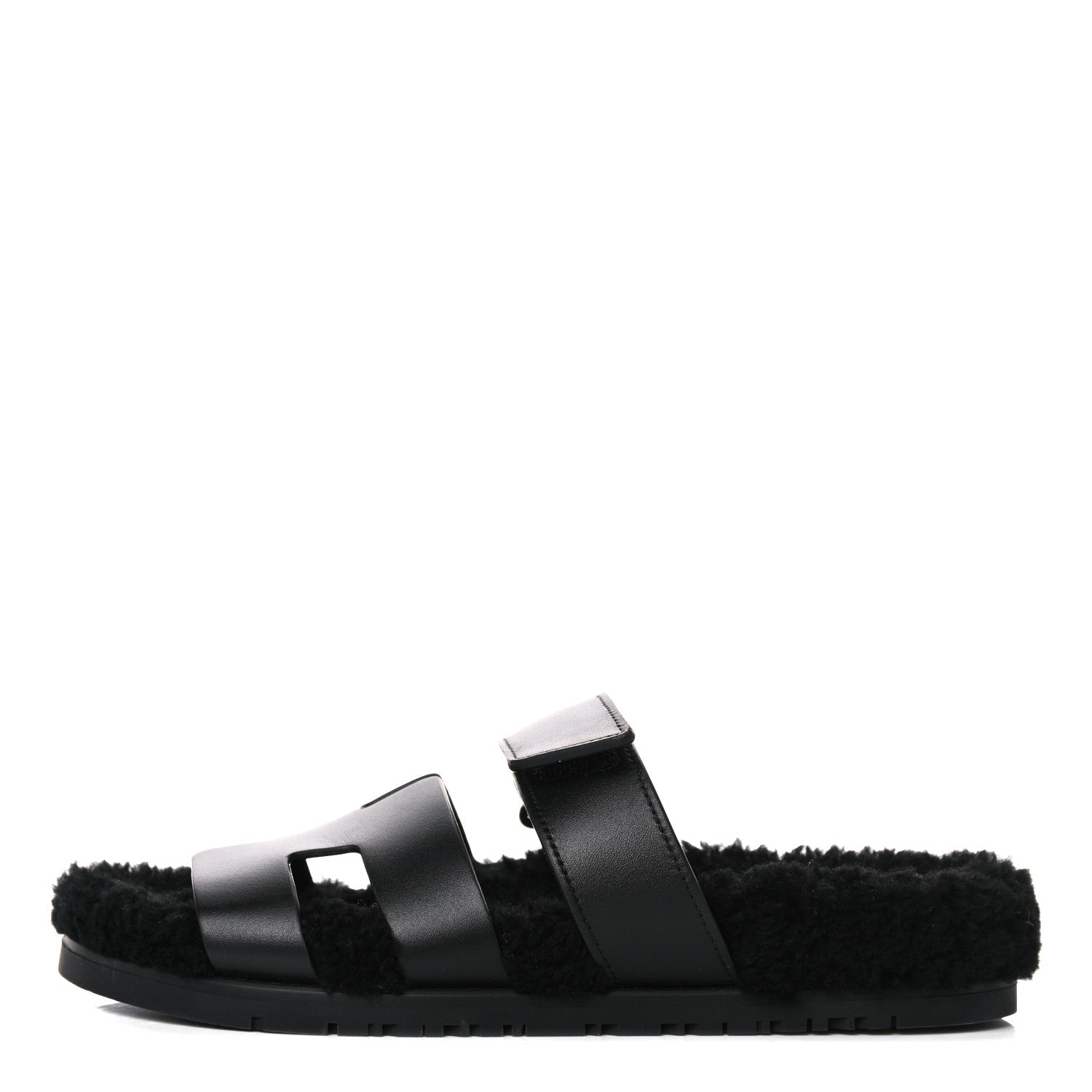 Hermes Calfskin Woolskin Womens Chypre Sandals 37 Black 1 of 11