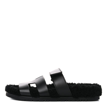 Hermes Calfskin Woolskin Womens Chypre Sandals 37 Black 1 of 11