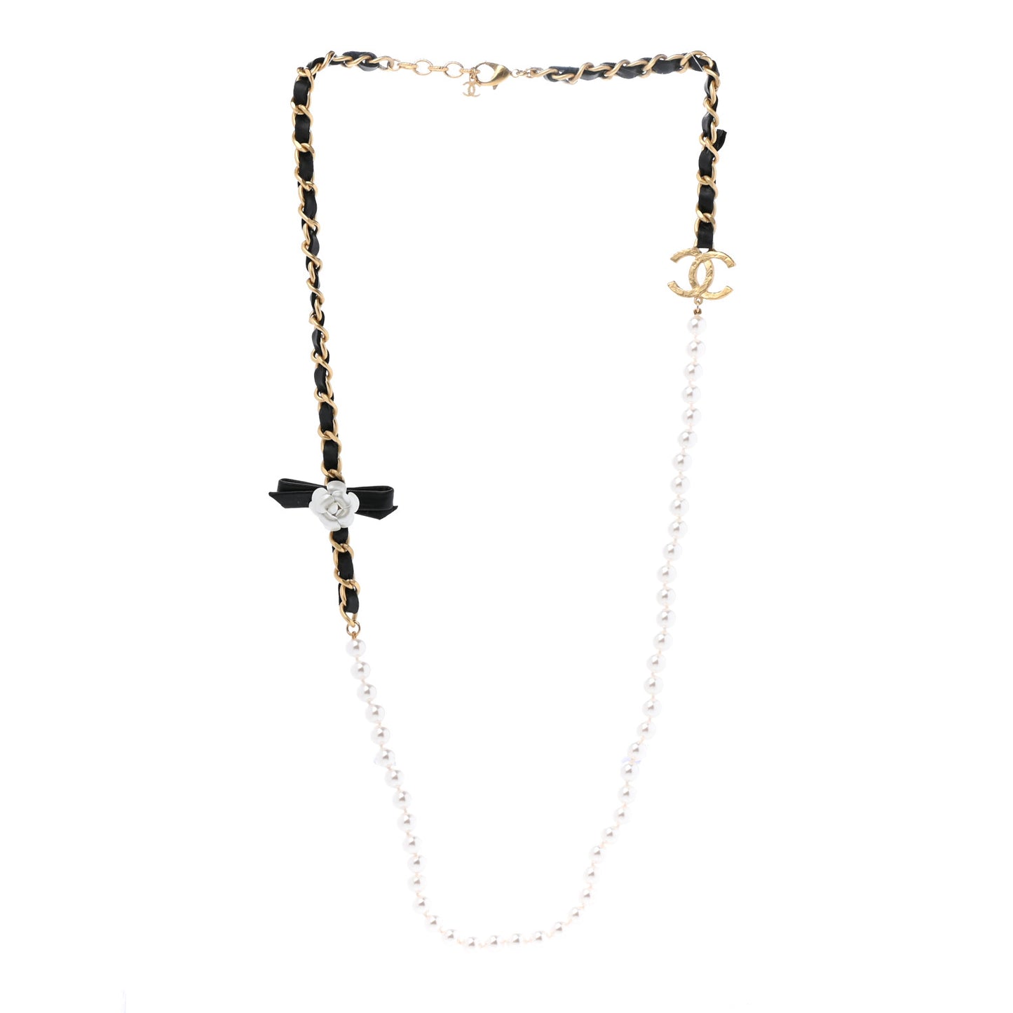 Calfskin Pearl Chain 90's Camellia Long Necklace Black Gold