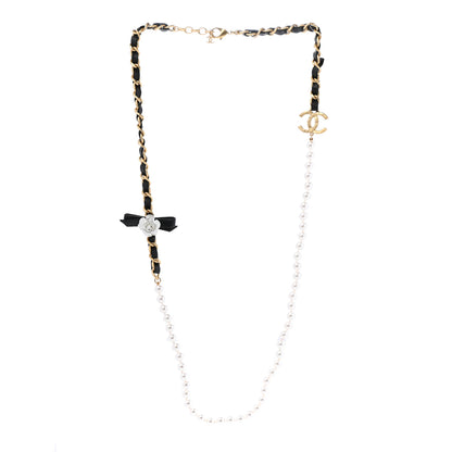 Chanel Calfskin Pearl Chain 90's Camellia Long Necklace Black Gold 3 of 6
