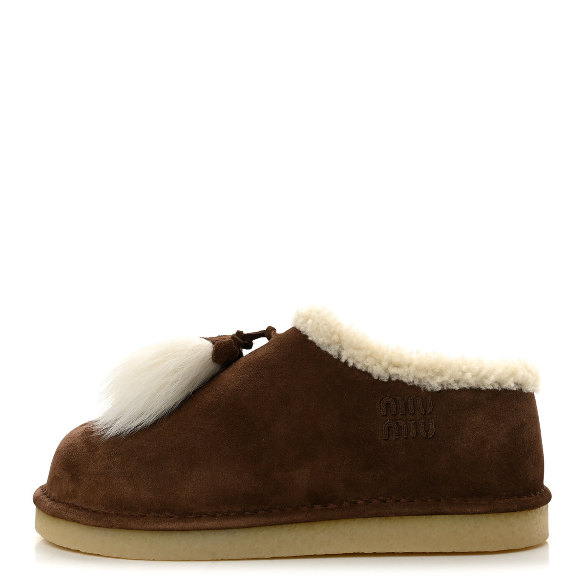 Miu Miu Scamosciato Winter Shearling Tassel Mule Slippers 37 Cacao 1 of 9