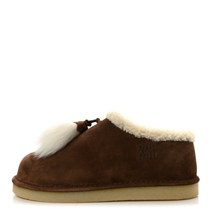 Miu Miu Scamosciato Winter Shearling Tassel Mule Slippers 37 Cacao 1 of 9
