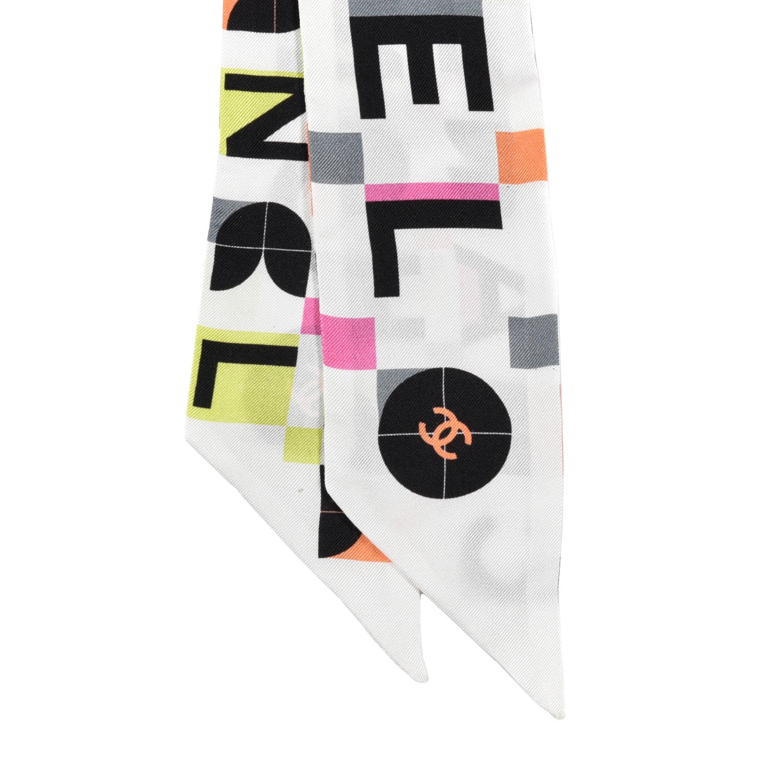 Chanel Silk Logo Slim Bandeau Scarf White Black Orange 2 of 3