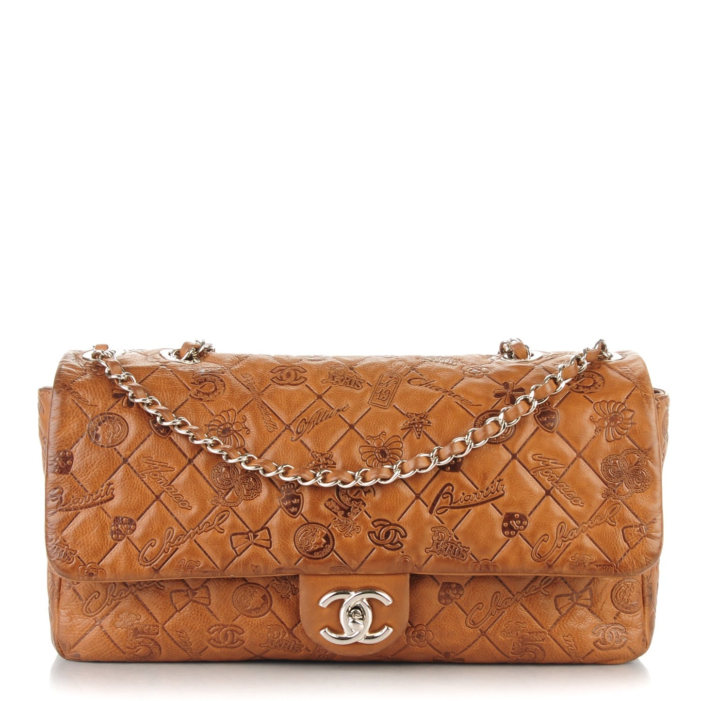 Calfskin Embossed Lucky Symbols Large Flap Brown