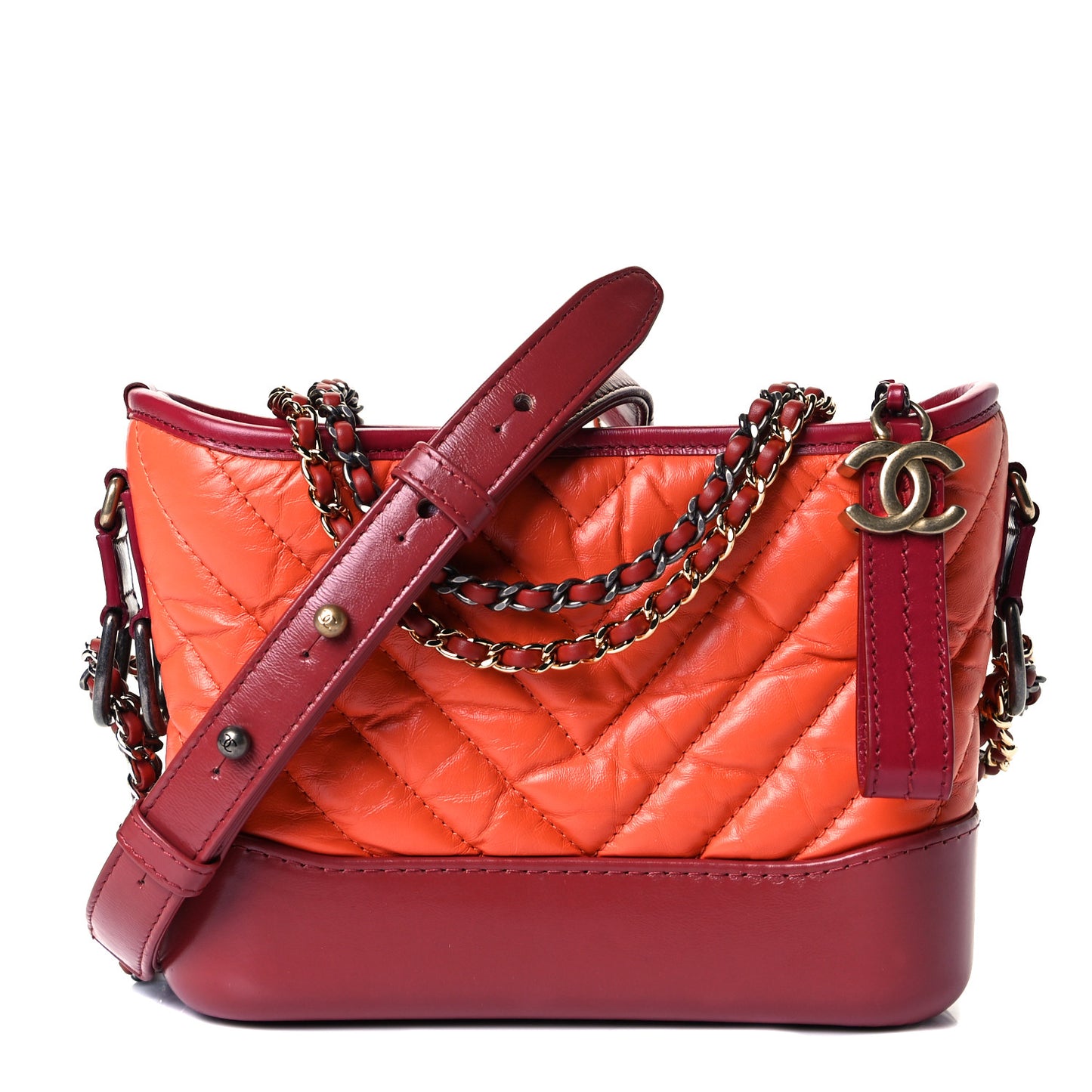 Aged Calfskin Chevron Quilted Small Gabrielle Hobo Dark Red Orange