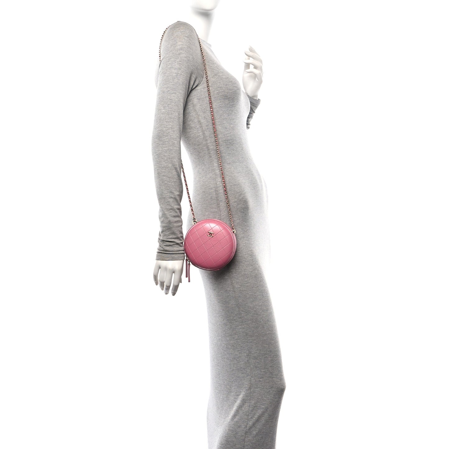 Iridescent Lambskin Quilted Round Clutch With Chain Pink