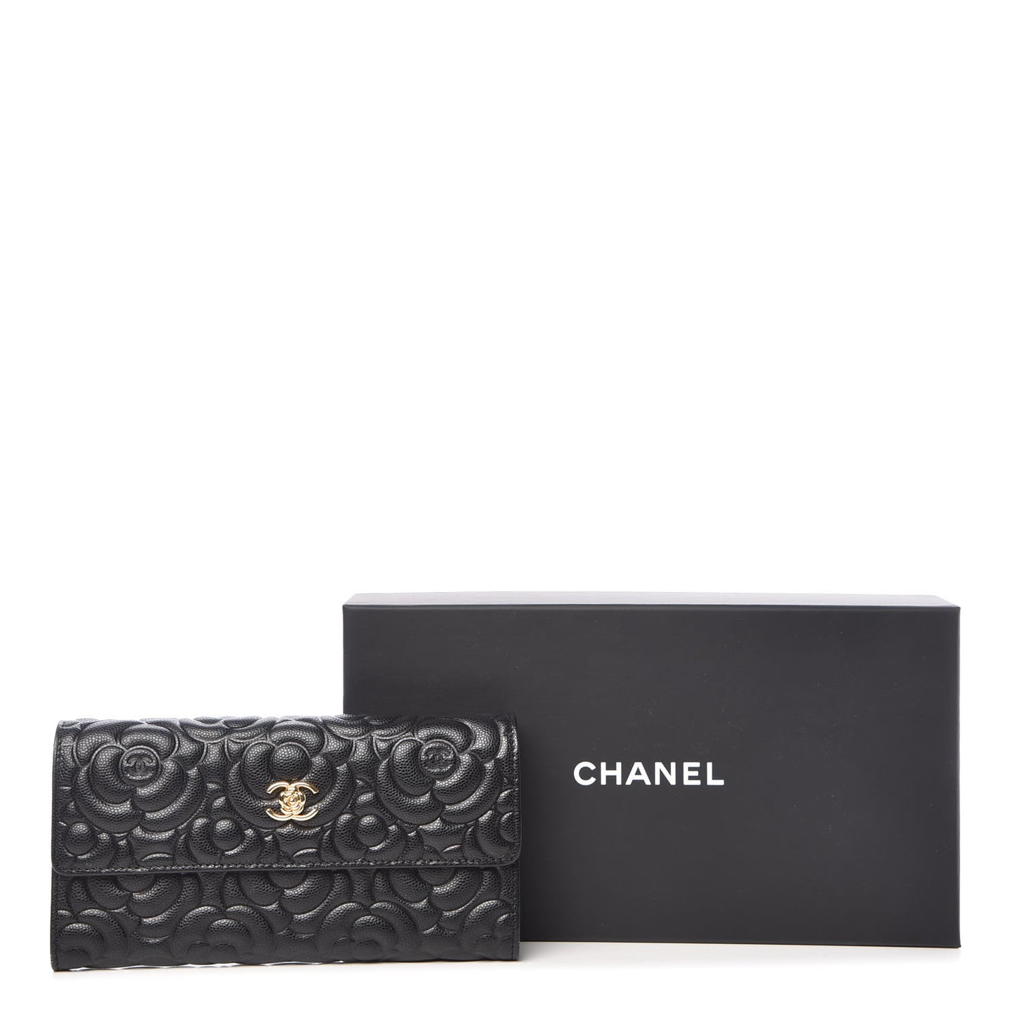 Caviar Camellia Embossed Flap Wallet Black