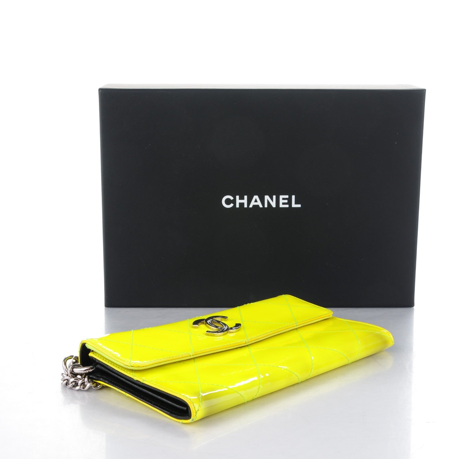 Chanel Patent Stitched CC Flap Wallet Clutch Yellow 4 of 15
