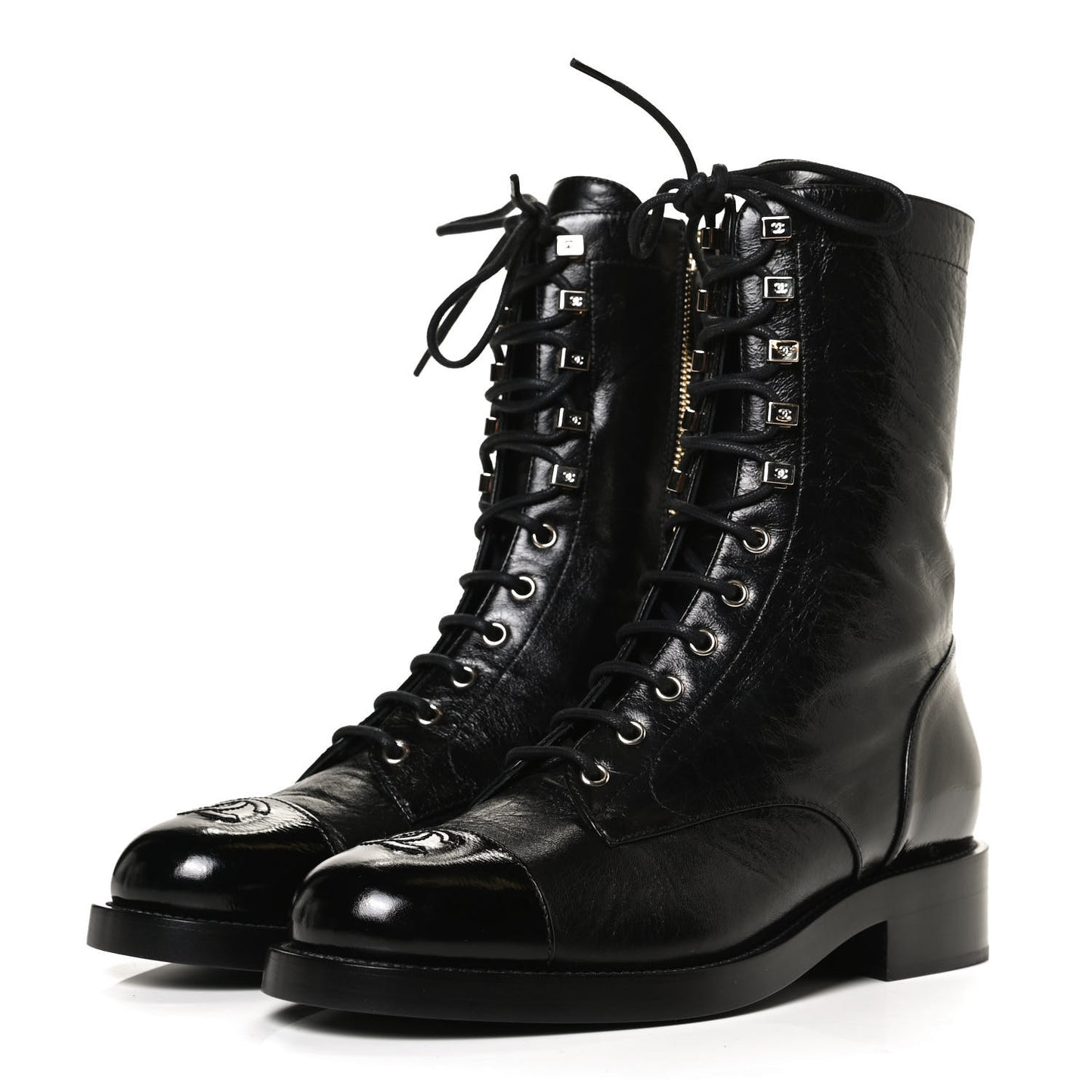 Crumpled Lambskin Shiny Calfskin Lace Up Combat Boots 40.5 Black