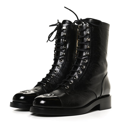 Chanel Crumpled Lambskin Shiny Calfskin Lace Up Combat Boots 40.5 Black 3 of 10