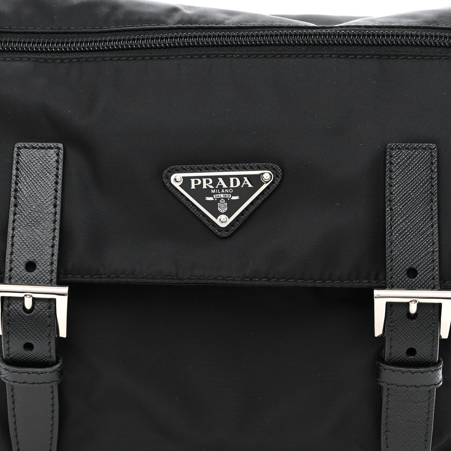 Re-Nylon Vela Saffiano Pocket Double Buckle Messenger Shoulder Bag Black