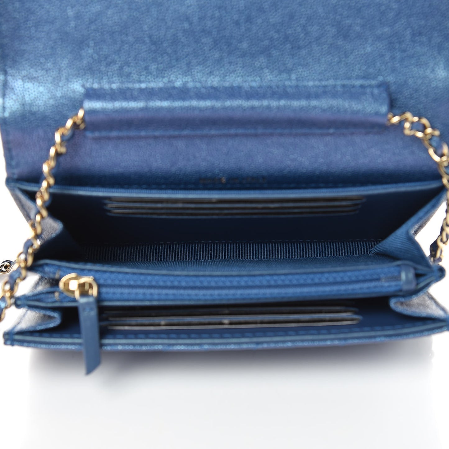 Iridescent Caviar Quilted Classic Clutch With Chain Dark Blue