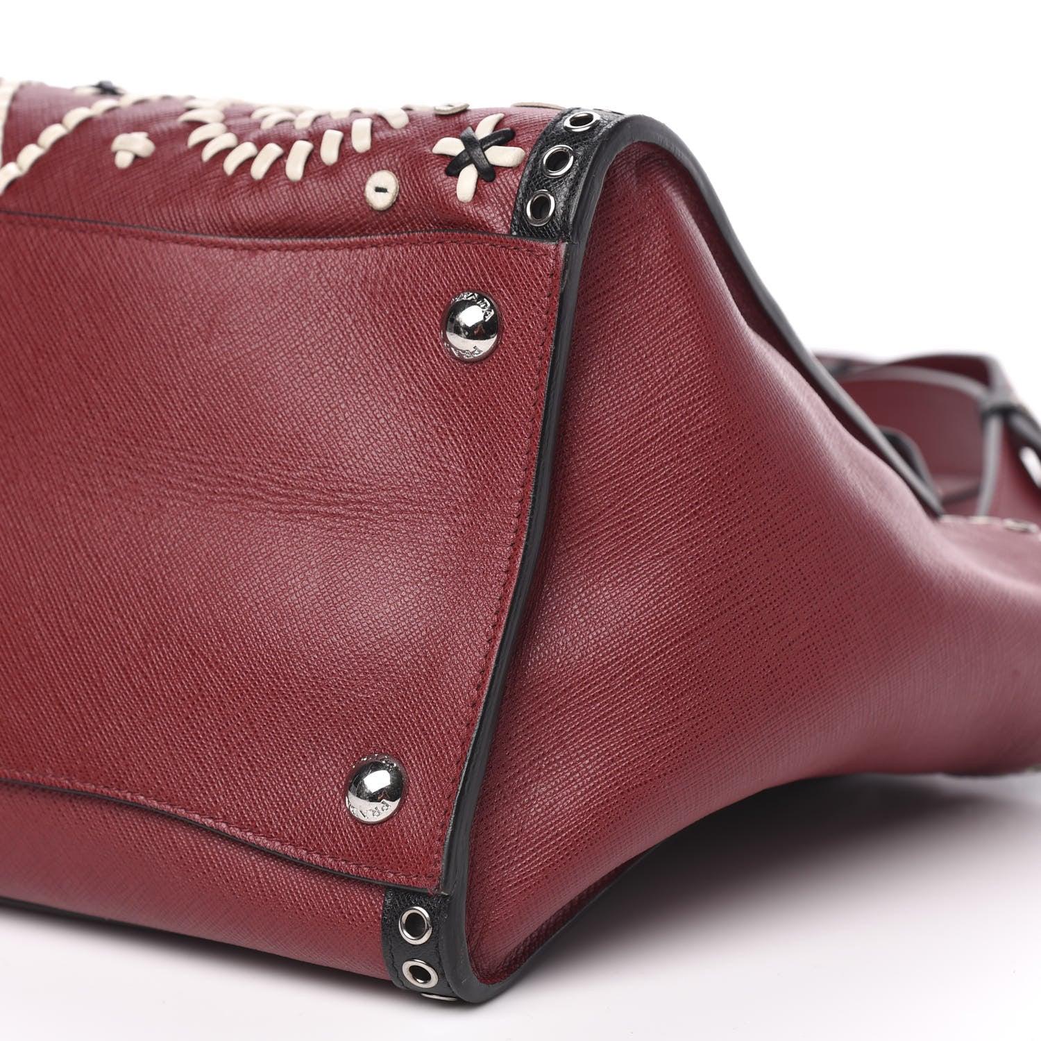 Prada Saffiano Embroidered Sound Twin Pocket Satchel Cherry Black 9 of 13