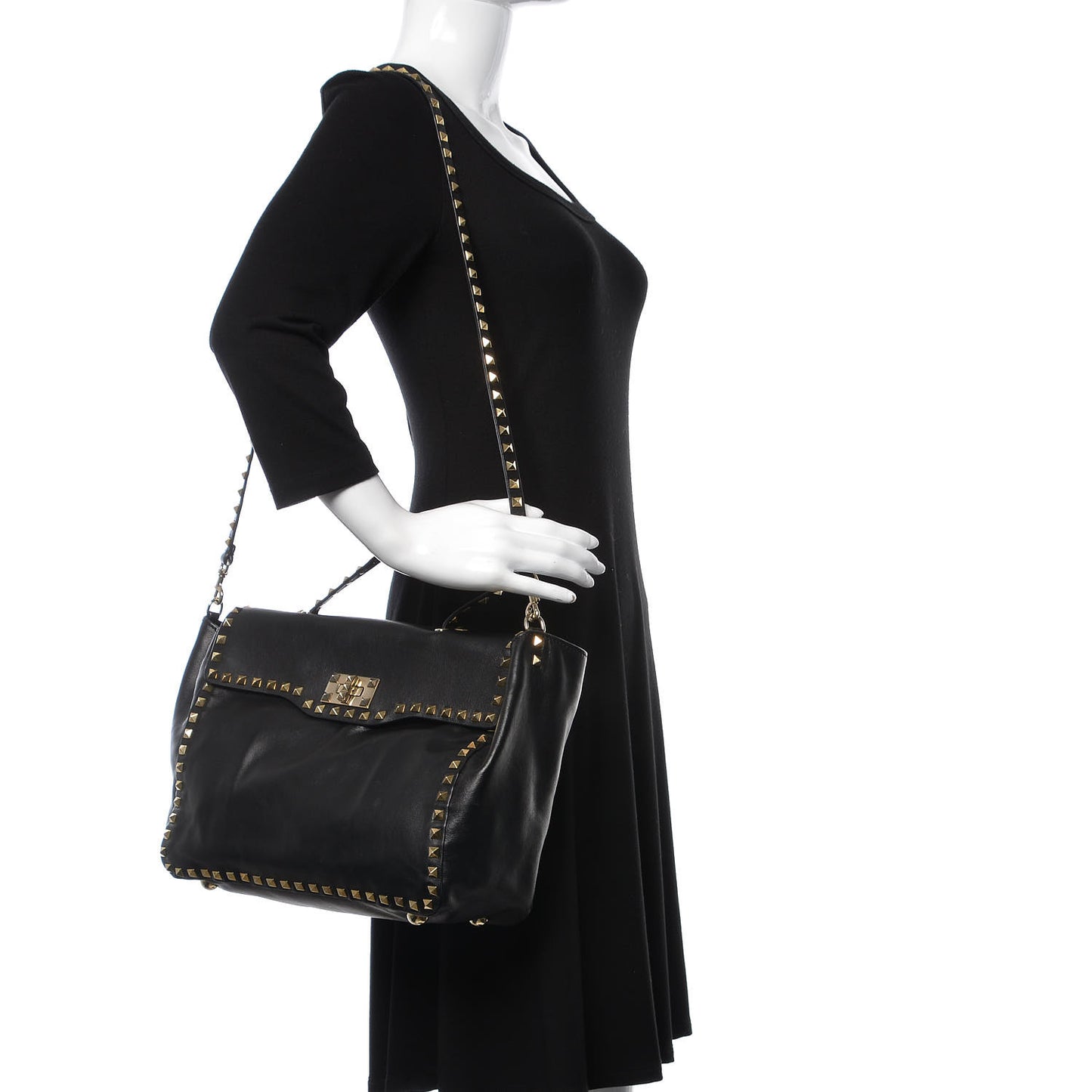 Vitello Rockstud Single Handle Flap Tote Black