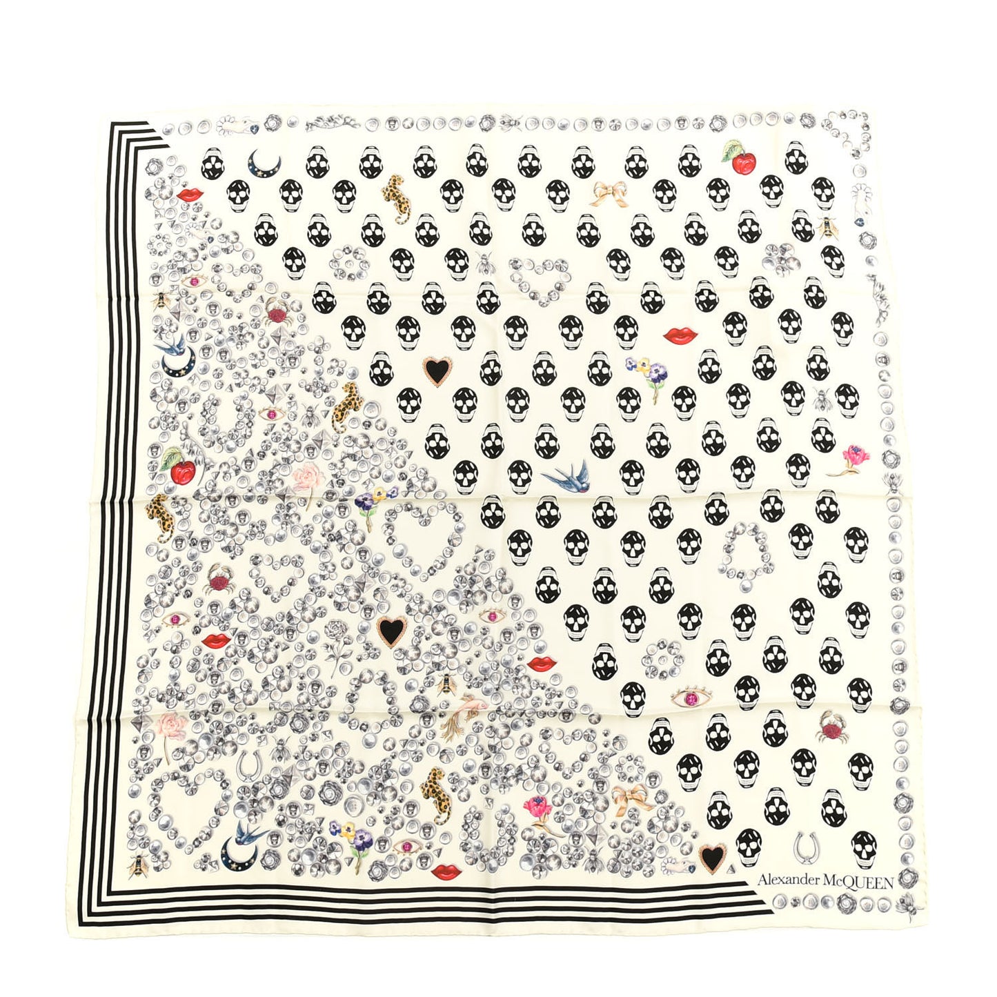 Silk Chiffon Jeweled Button Biker Skull Scarf White