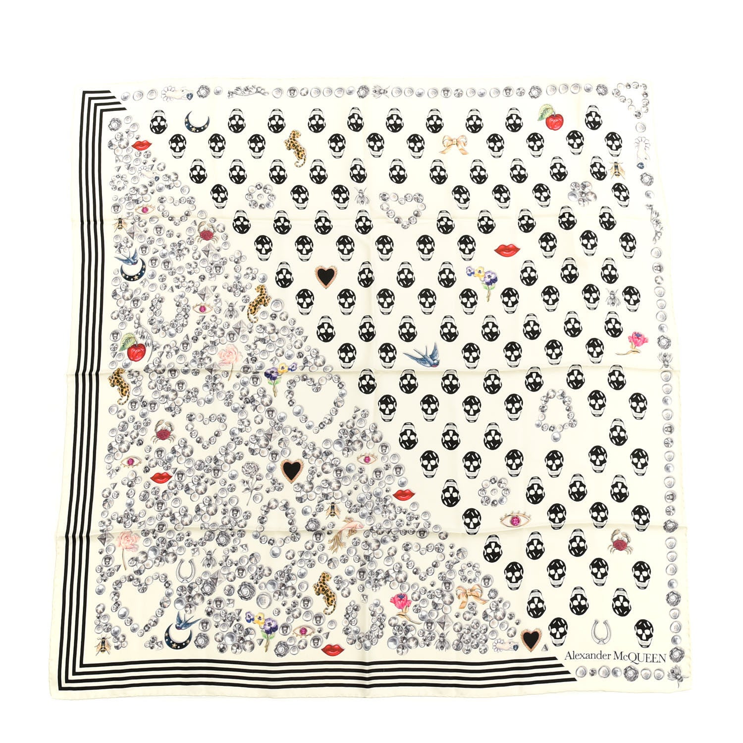 Alexander McQueen Silk Chiffon Jeweled Button Biker Skull Scarf White 1 of 3
