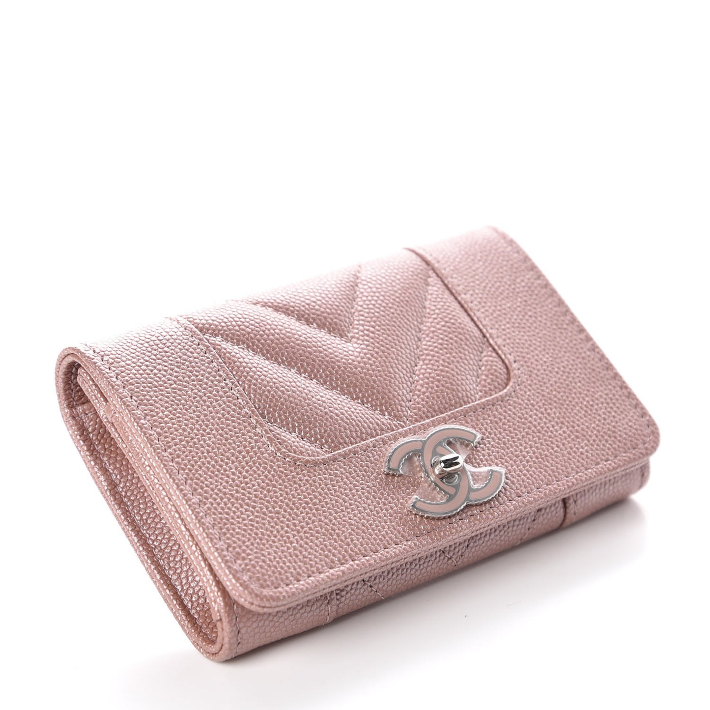 Metallic Caviar Chevron Quilted Vintage Mademoiselle Card Holder Pink