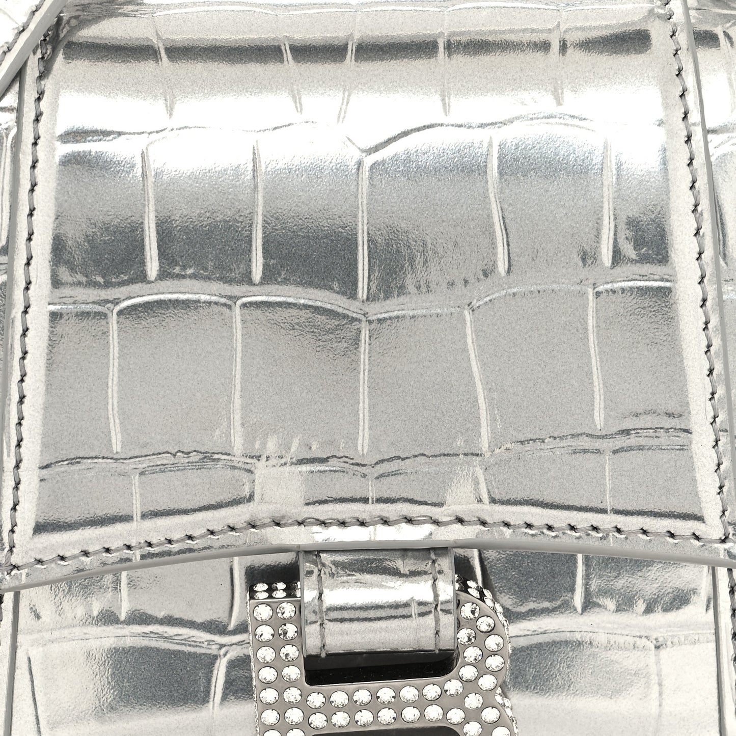 Metallic Calfskin Crocodile Embossed Crystal Hourglass Top Handle Bag XS Silver