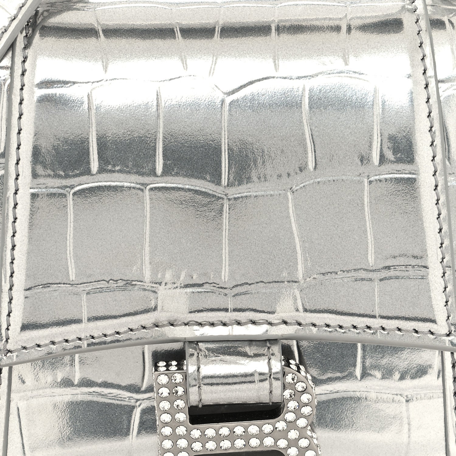 Balenciaga Metallic Calfskin Crocodile Embossed Crystal Hourglass Top Handle Bag XS Silver 8 of 10
