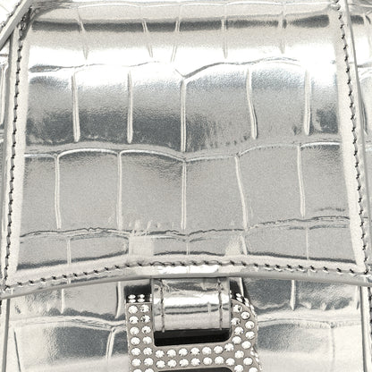 Balenciaga Metallic Calfskin Crocodile Embossed Crystal Hourglass Top Handle Bag XS Silver 8 of 10