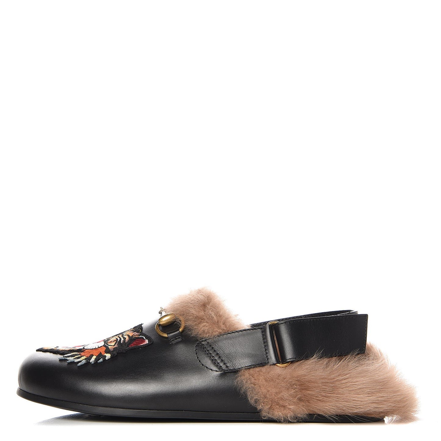 Calfskin Fur Angry Cat Mens Horsebit River Slingback Slippers 7 Black